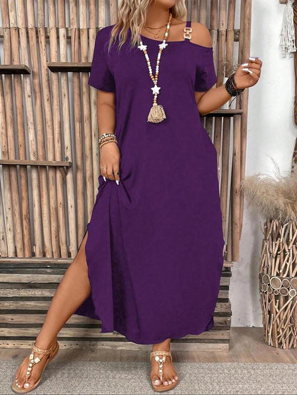 【Plus Size】 Solid Asymmetrical Neck Split Hem Dress, Casual Short Sleeve Long Dress for Summer, Women'S plus Clothing for Daily Wear, Women'S Clothing, Womenswear