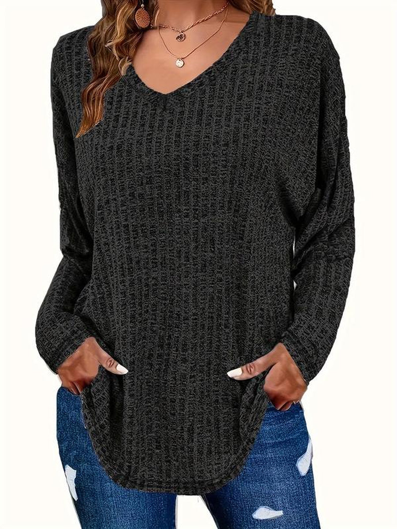 【Plus Size】 Plain Textured Drop Shoulder V Neck Knit Top, Casual Elegant Classy Chic Long Sleeve Ribbed Top for Fall & Winter, Women'S plus Clothing for Daily Wear