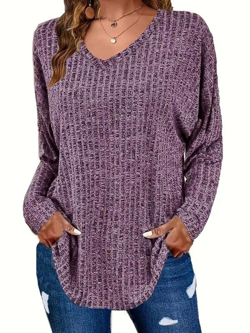 【Plus Size】 Plain Textured Drop Shoulder V Neck Knit Top, Casual Elegant Classy Chic Long Sleeve Ribbed Top for Fall & Winter, Women'S plus Clothing for Daily Wear