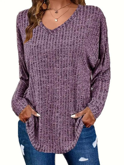 【Plus Size】 Plain Textured Drop Shoulder V Neck Knit Top, Casual Elegant Classy Chic Long Sleeve Ribbed Top for Fall & Winter, Women'S plus Clothing for Daily Wear