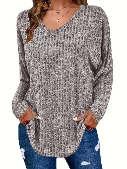 【Plus Size】 Plain Textured Drop Shoulder V Neck Knit Top, Casual Elegant Classy Chic Long Sleeve Ribbed Top for Fall & Winter, Women'S plus Clothing for Daily Wear