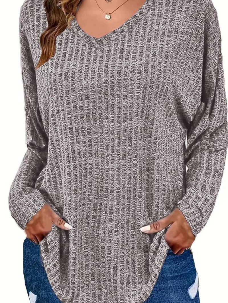 【Plus Size】 Plain Textured Drop Shoulder V Neck Knit Top, Casual Elegant Classy Chic Long Sleeve Ribbed Top for Fall & Winter, Women'S plus Clothing for Daily Wear