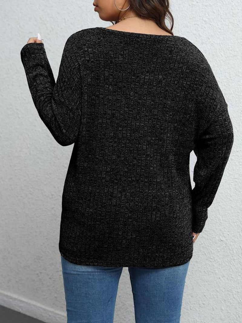 【Plus Size】 Plain Textured Drop Shoulder V Neck Knit Top, Casual Elegant Classy Chic Long Sleeve Ribbed Top for Fall & Winter, Women'S plus Clothing for Daily Wear