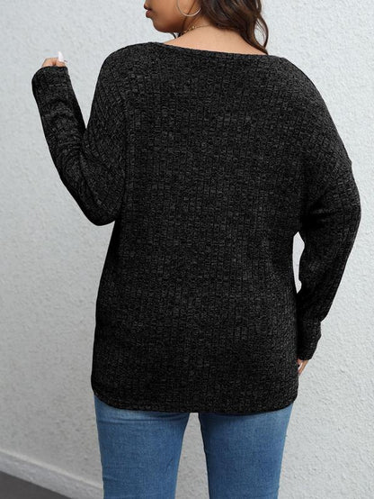 【Plus Size】 Plain Textured Drop Shoulder V Neck Knit Top, Casual Elegant Classy Chic Long Sleeve Ribbed Top for Fall & Winter, Women'S plus Clothing for Daily Wear