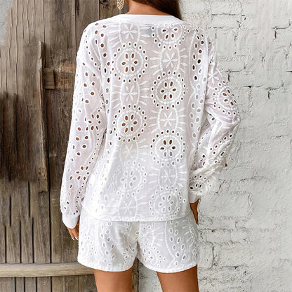 Women Summer Solid Color Elegant V Neck Lace Long Sleeve Shirt and Shorts Set