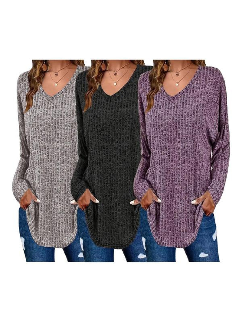 【Plus Size】 Plain Textured Drop Shoulder V Neck Knit Top, Casual Elegant Classy Chic Long Sleeve Ribbed Top for Fall & Winter, Women'S plus Clothing for Daily Wear