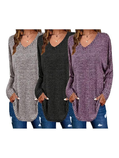 【Plus Size】 Plain Textured Drop Shoulder V Neck Knit Top, Casual Elegant Classy Chic Long Sleeve Ribbed Top for Fall & Winter, Women'S plus Clothing for Daily Wear
