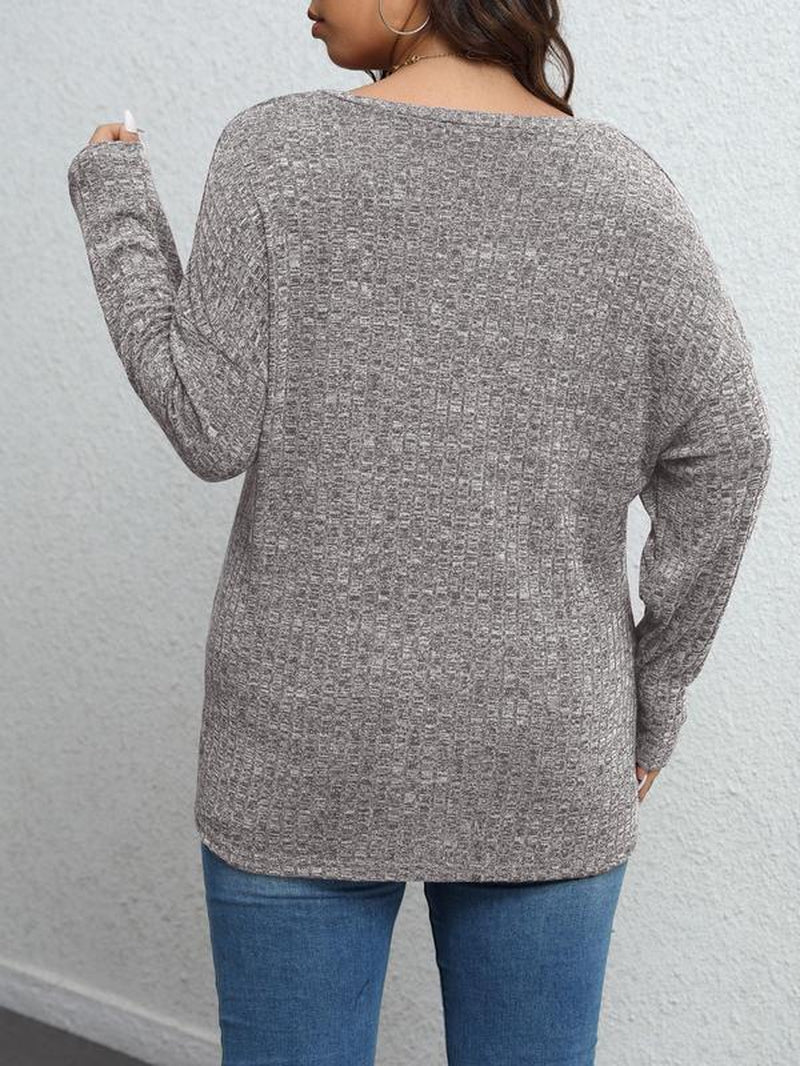 【Plus Size】 Plain Textured Drop Shoulder V Neck Knit Top, Casual Elegant Classy Chic Long Sleeve Ribbed Top for Fall & Winter, Women'S plus Clothing for Daily Wear