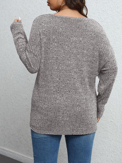 【Plus Size】 Plain Textured Drop Shoulder V Neck Knit Top, Casual Elegant Classy Chic Long Sleeve Ribbed Top for Fall & Winter, Women'S plus Clothing for Daily Wear