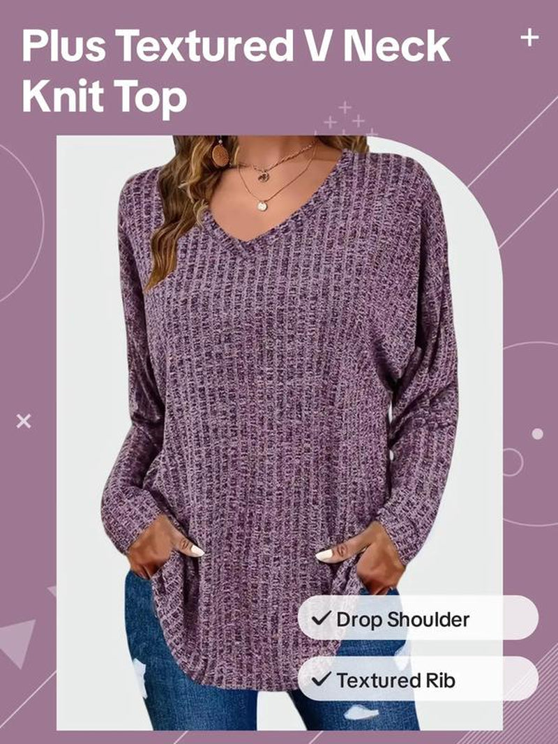 【Plus Size】 Plain Textured Drop Shoulder V Neck Knit Top, Casual Elegant Classy Chic Long Sleeve Ribbed Top for Fall & Winter, Women'S plus Clothing for Daily Wear