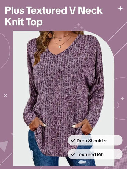 【Plus Size】 Plain Textured Drop Shoulder V Neck Knit Top, Casual Elegant Classy Chic Long Sleeve Ribbed Top for Fall & Winter, Women'S plus Clothing for Daily Wear