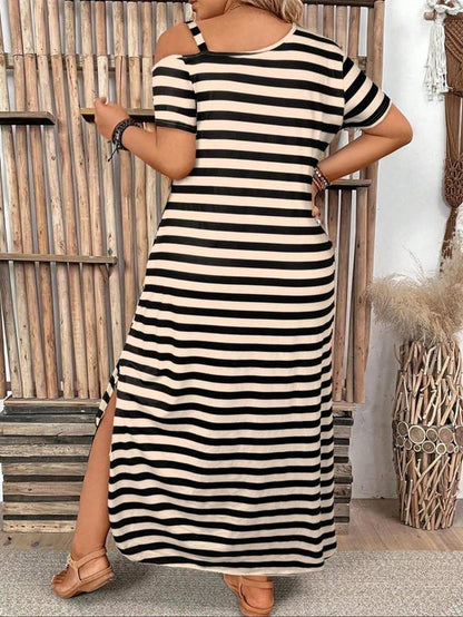 【Plus Size】 Solid Asymmetrical Neck Split Hem Dress, Casual Short Sleeve Long Dress for Summer, Women'S plus Clothing for Daily Wear, Women'S Clothing, Womenswear