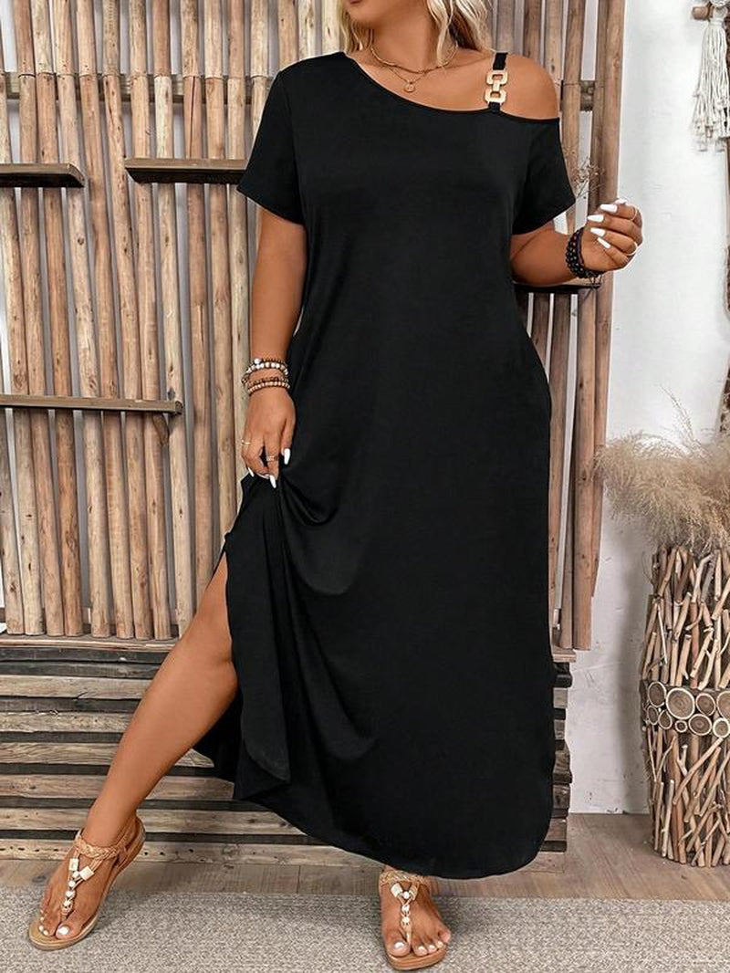 【Plus Size】 Solid Asymmetrical Neck Split Hem Dress, Casual Short Sleeve Long Dress for Summer, Women'S plus Clothing for Daily Wear, Women'S Clothing, Womenswear