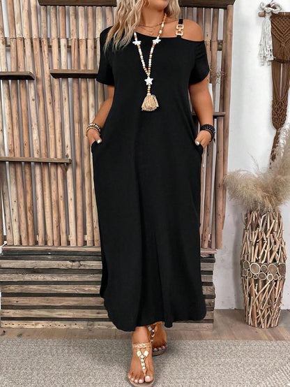 【Plus Size】 Solid Asymmetrical Neck Split Hem Dress, Casual Short Sleeve Long Dress for Summer, Women'S plus Clothing for Daily Wear, Women'S Clothing, Womenswear