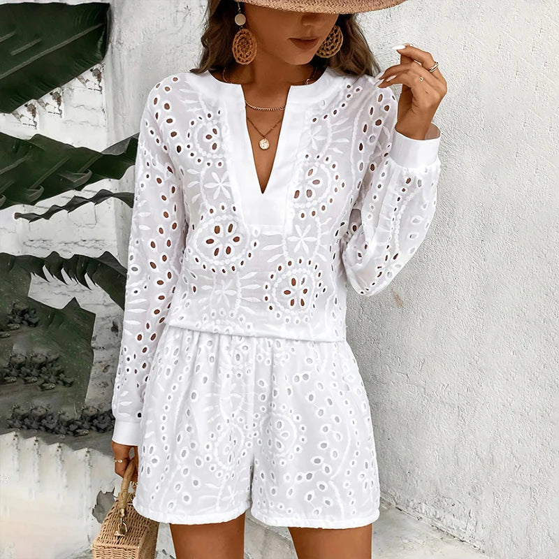 Women Summer Solid Color Elegant V Neck Lace Long Sleeve Shirt and Shorts Set