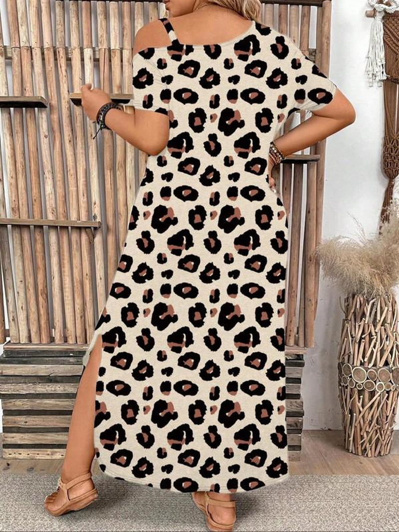 【Plus Size】 Solid Asymmetrical Neck Split Hem Dress, Casual Short Sleeve Long Dress for Summer, Women'S plus Clothing for Daily Wear, Women'S Clothing, Womenswear