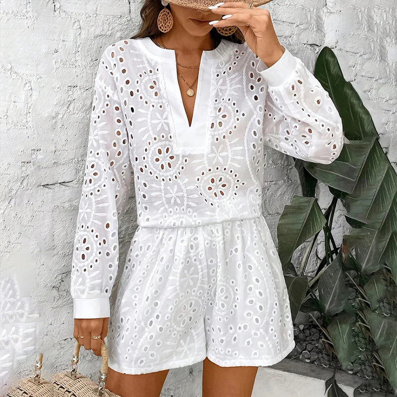 Women Summer Solid Color Elegant V Neck Lace Long Sleeve Shirt and Shorts Set