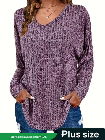 【Plus Size】 Plain Textured Drop Shoulder V Neck Knit Top, Casual Elegant Classy Chic Long Sleeve Ribbed Top for Fall & Winter, Women'S plus Clothing for Daily Wear