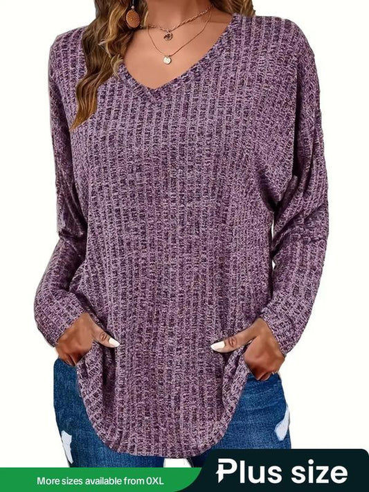 【Plus Size】 Plain Textured Drop Shoulder V Neck Knit Top, Casual Elegant Classy Chic Long Sleeve Ribbed Top for Fall & Winter, Women'S plus Clothing for Daily Wear