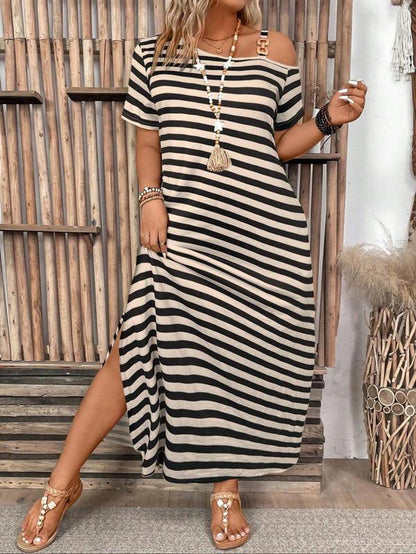 【Plus Size】 Solid Asymmetrical Neck Split Hem Dress, Casual Short Sleeve Long Dress for Summer, Women'S plus Clothing for Daily Wear, Women'S Clothing, Womenswear